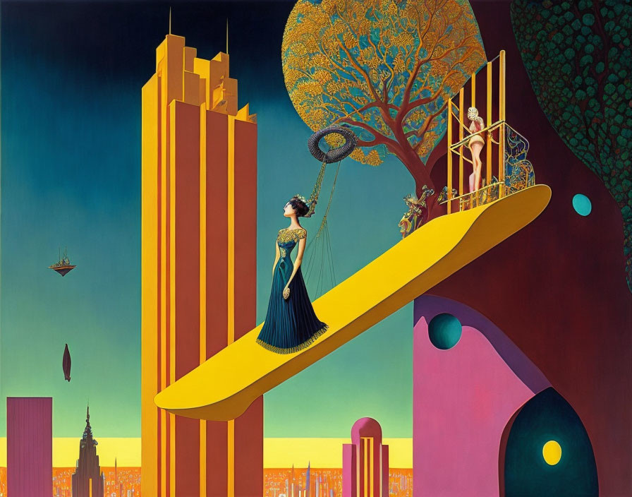 Surreal painting of woman on yellow walkway among abstract buildings