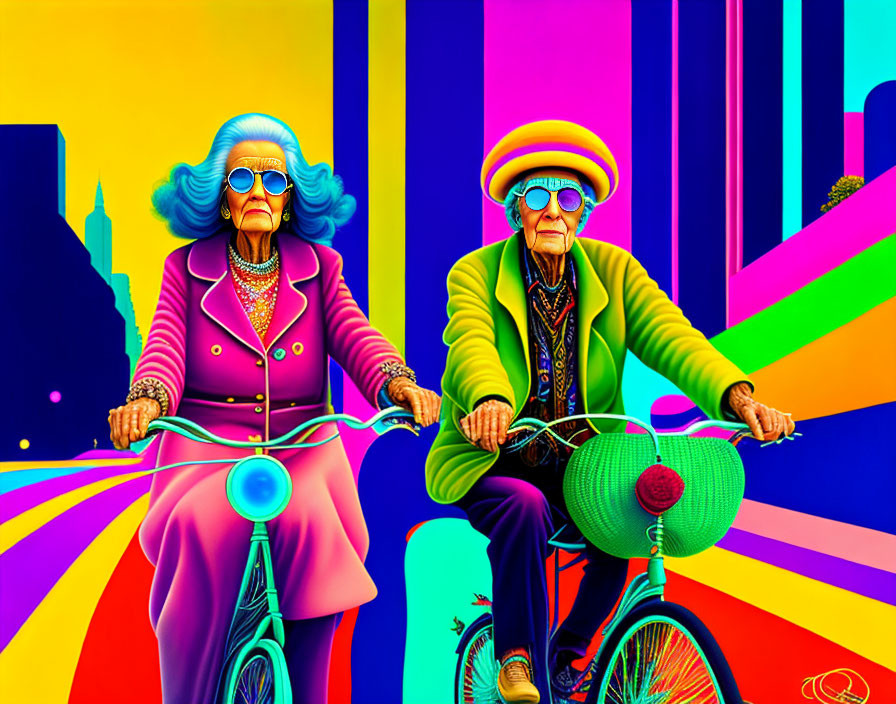 Elderly individuals in colorful outfits riding bikes on vibrant rainbow background