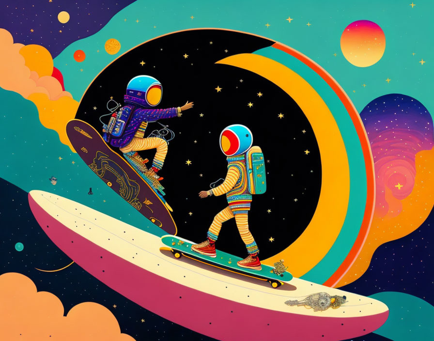 Astronauts skateboarding on cosmic paths amidst stars and planets