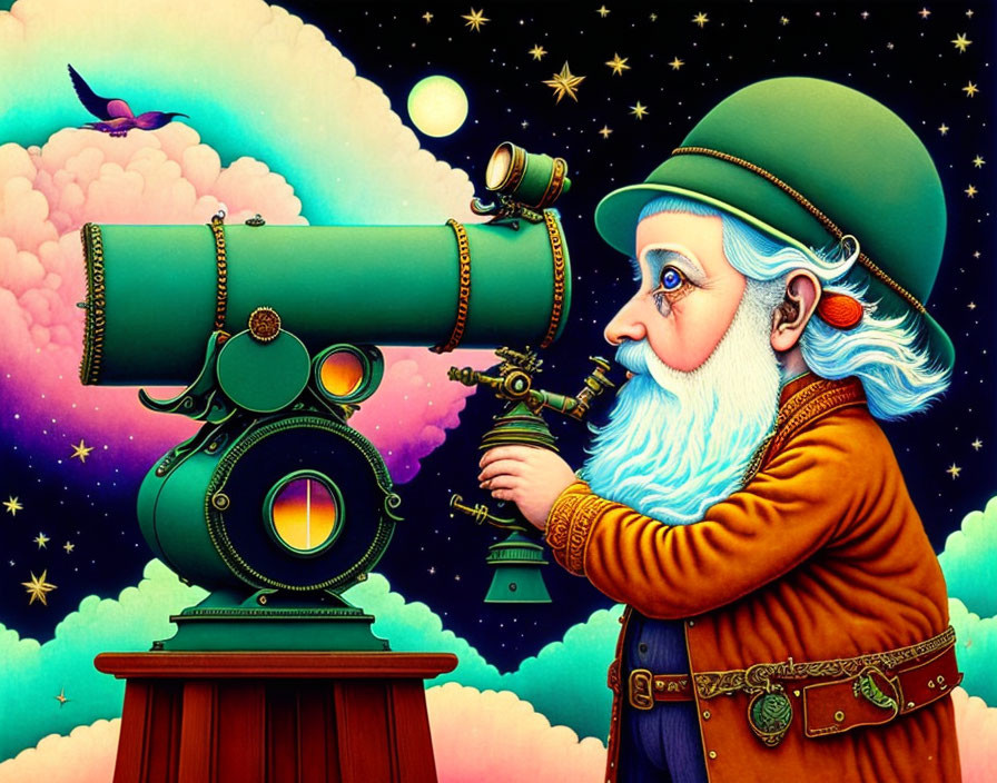 Elderly man with long beard gazes at starry sky with ornate telescope