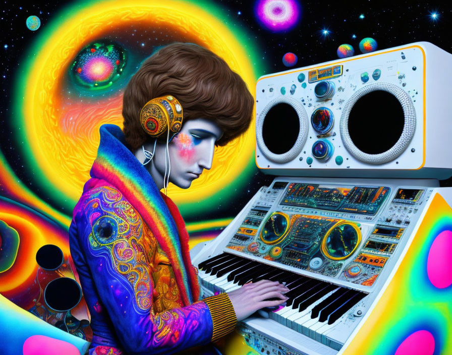 Person playing synthesizer in colorful space-themed art