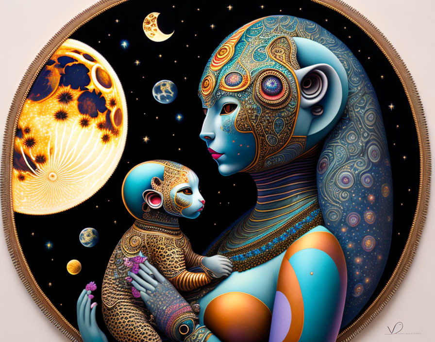 Colorful digital artwork: Alien mother and child in cosmic setting