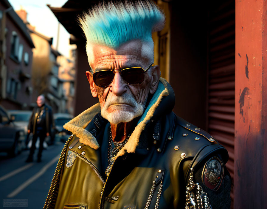 Elderly man with blue mohawk and leather jacket at sunset