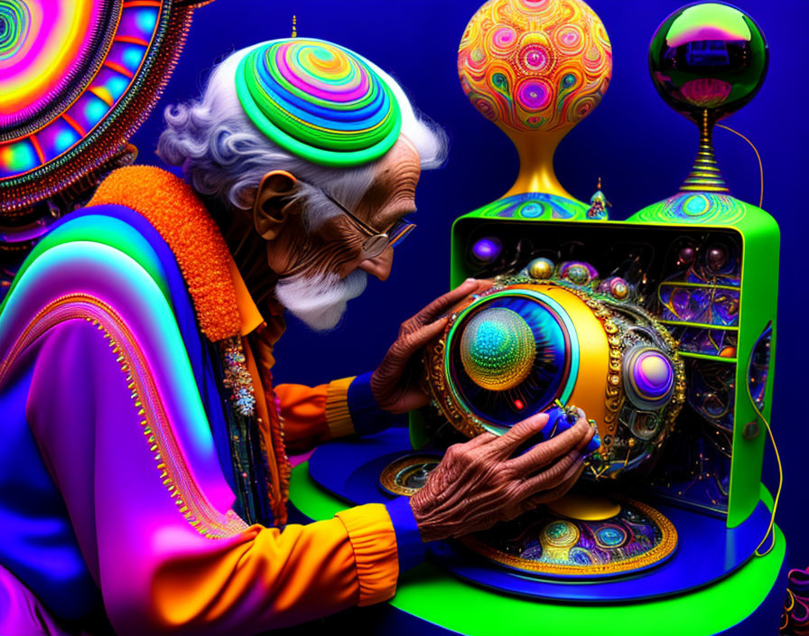 Elderly person in colorful attire interacts with intricate, vibrant machine