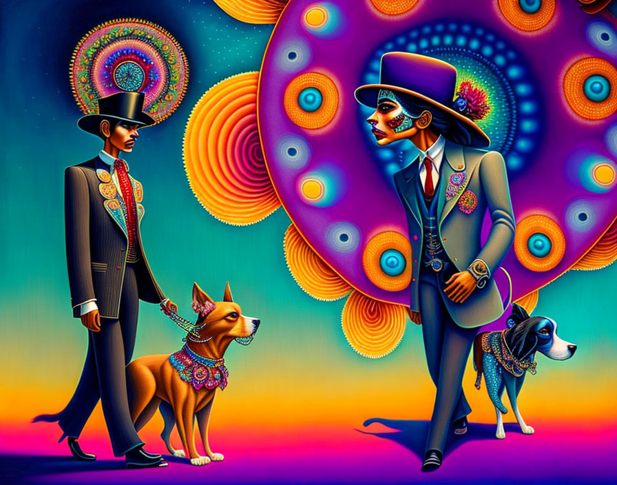 Colorful surreal artwork: Stylized figures in oversized hats with decorated dogs.