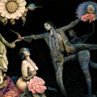 Fantasy Artwork: Ethereal Woman with Peacock and Figures in Floral Setting