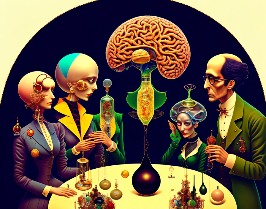 Abstract surrealistic artwork featuring stylized figures, oversized brain, and scientific instruments.