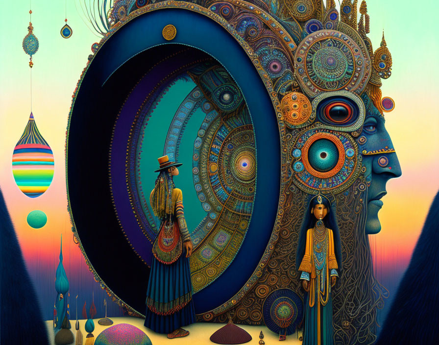 Surrealist artwork with cosmic elements and stylized figures