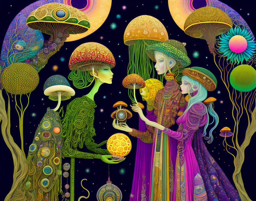 Ethereal humanoid figures in mystical forest with fantastical mushrooms