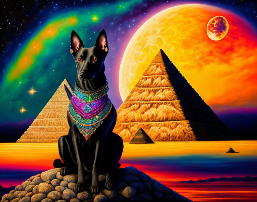 Black Dog with Colorful Necklace in Front of Pyramids under Starry Sky