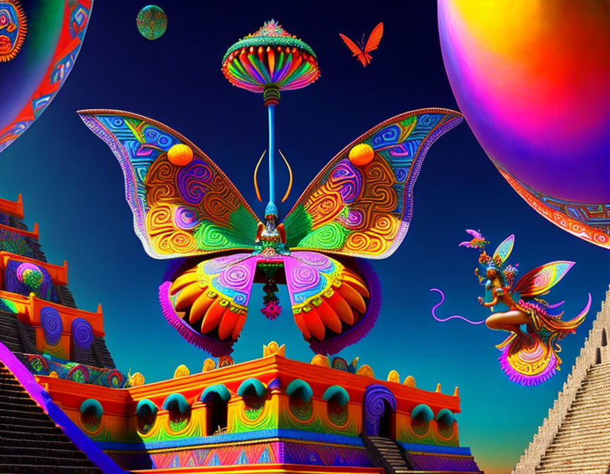 Colorful Psychedelic Image with Butterfly, Fairy, and Floating Islands