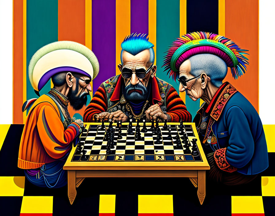 Vibrantly Dressed Individuals Playing Chess with Unique Hairstyles