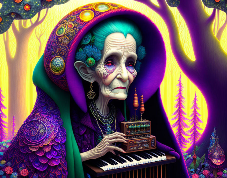 Elderly woman playing small organ in stylized forest landscape