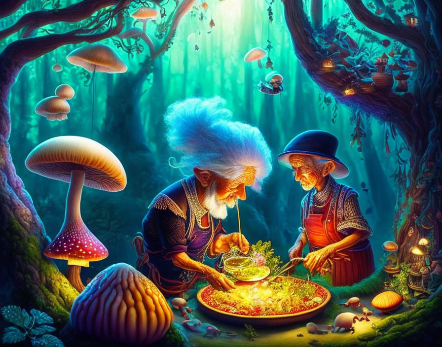 Elderly animated characters cooking in enchanted forest with mushrooms