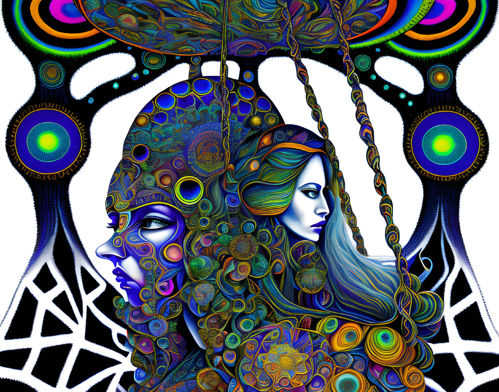 Dual-faced figure with butterfly motif in vibrant psychedelic artwork