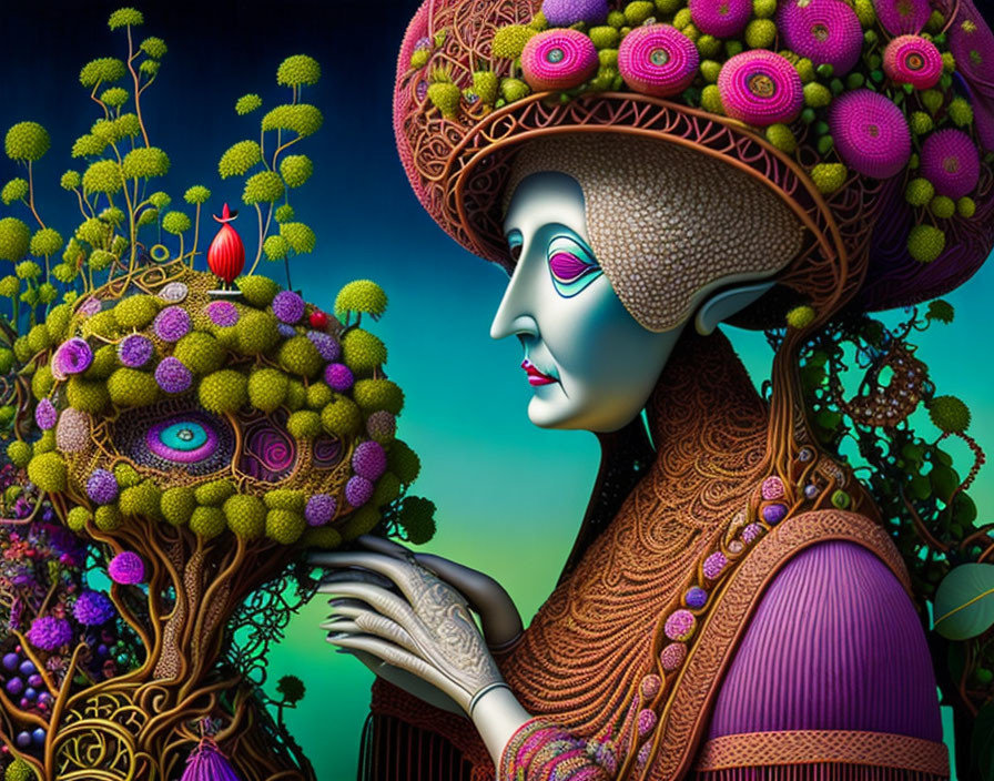 Vibrant surreal digital art: female figure with botanical elements