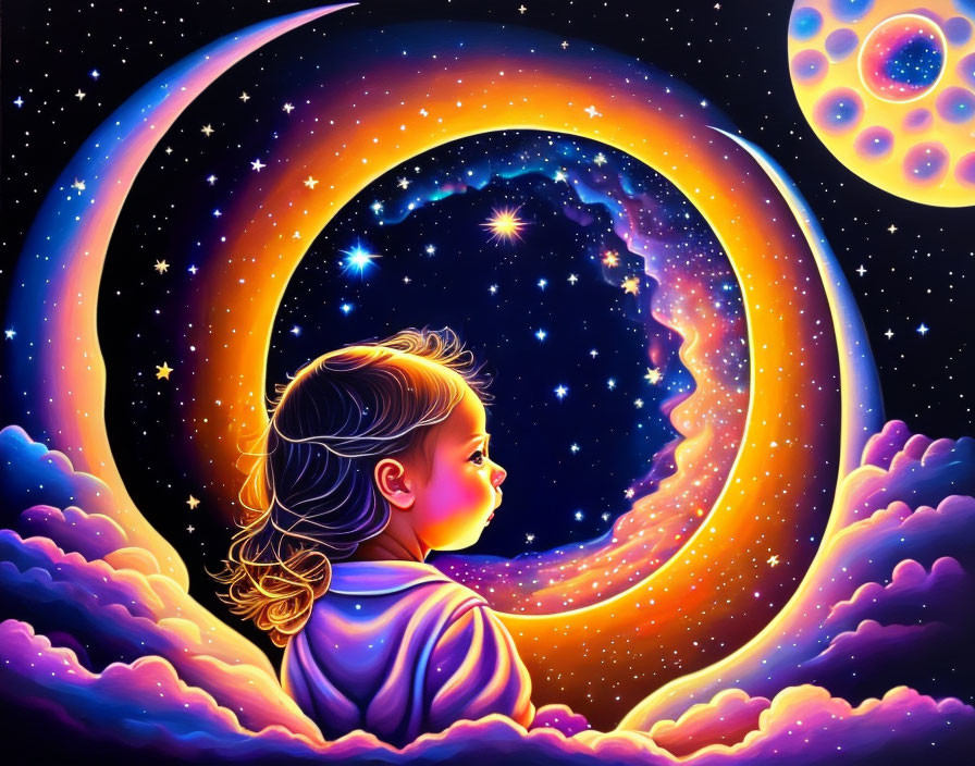 Child gazes at vibrant night sky with crescent moon, stars, clouds, and distant planet.