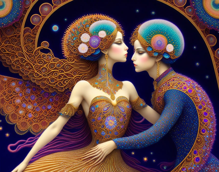 Stylized figures with gem-studded headdresses in intimate moment against starry background