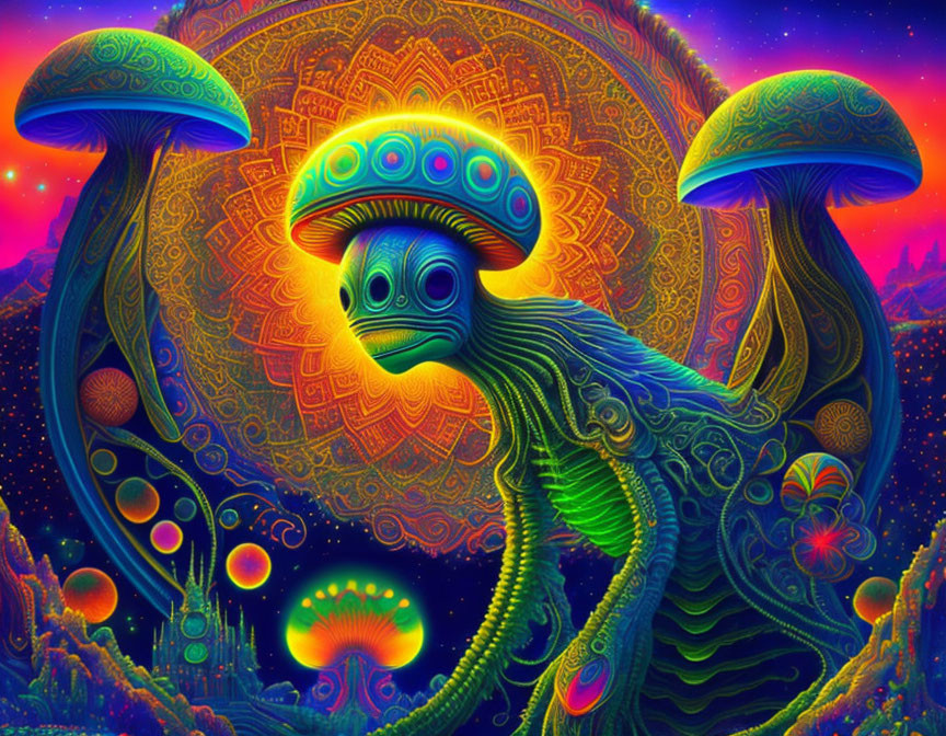 Colorful Neon Octopus Artwork with Mushrooms in Cosmic Setting