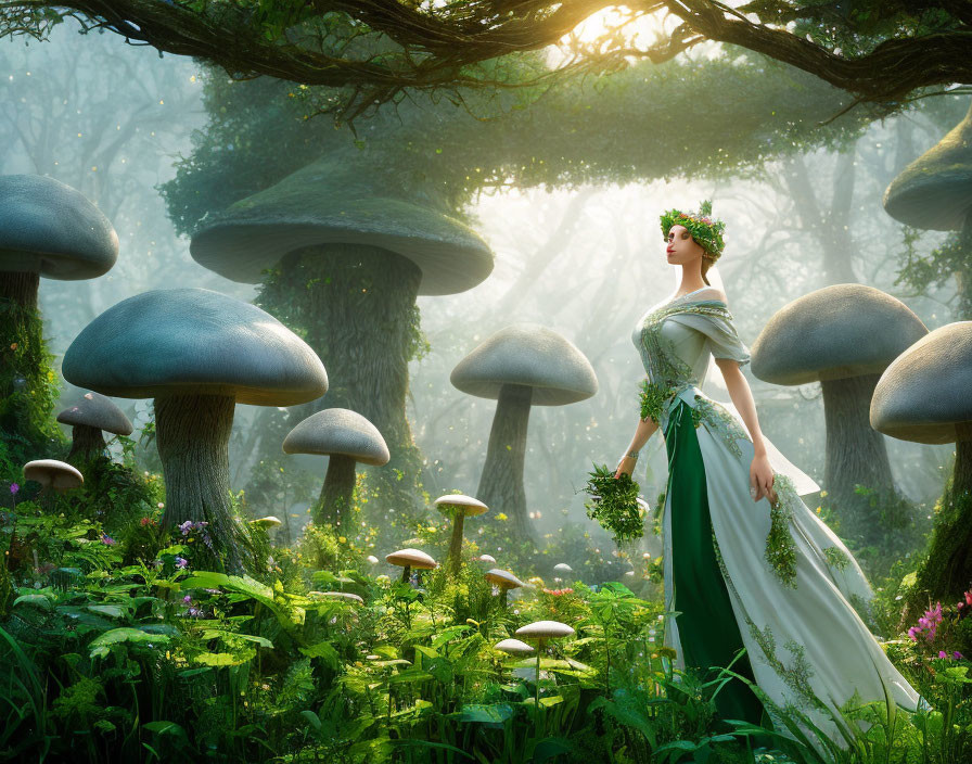 Woman in green medieval dress in mystical forest with oversized mushrooms