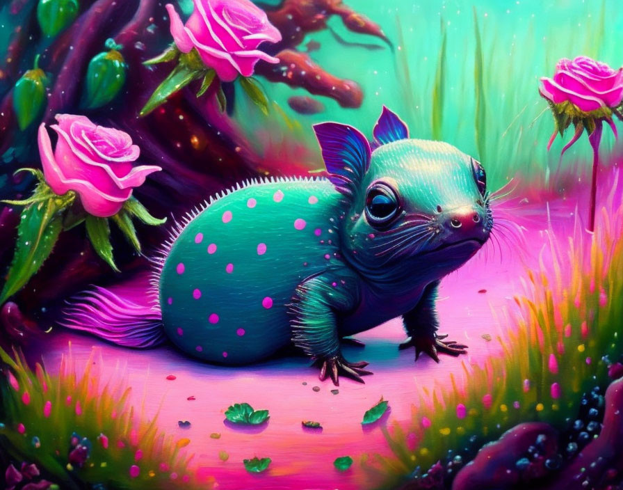 Colorful whimsical painting of blue creature in surreal landscape with pink roses