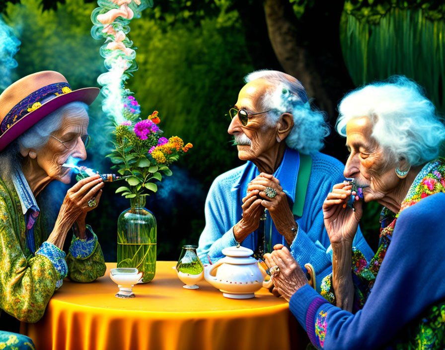 Elderly individuals at colorful outdoor tea party