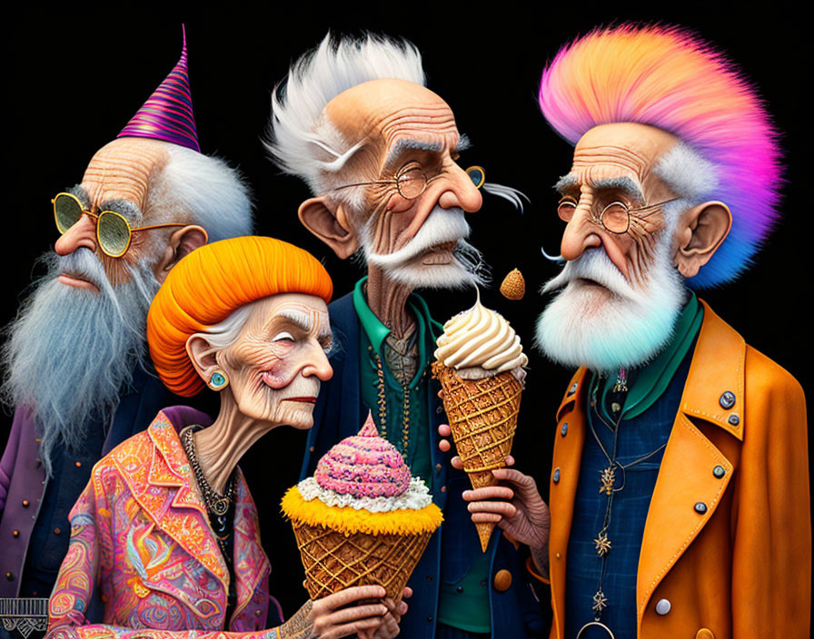 Colorful Elderly Characters Eating Ice Cream on Black Background