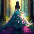 Woman in Blue Gown Surrounded by Enchanted Forest, Glowing Lights, Flowers, and