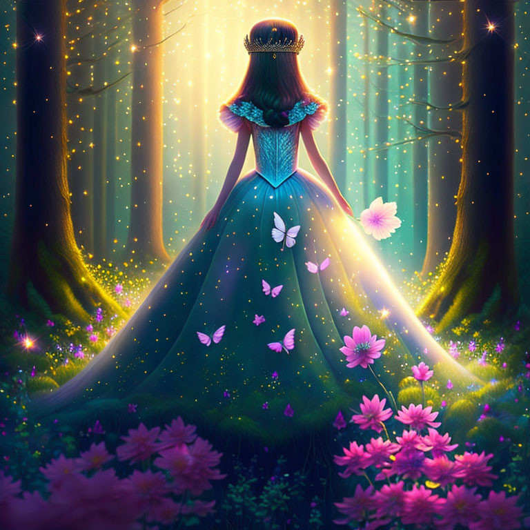 Woman in Blue Gown Surrounded by Enchanted Forest, Glowing Lights, Flowers, and