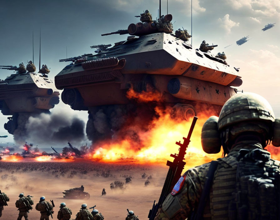 Military scene with soldiers, tanks, aircraft, explosions, and smoke.