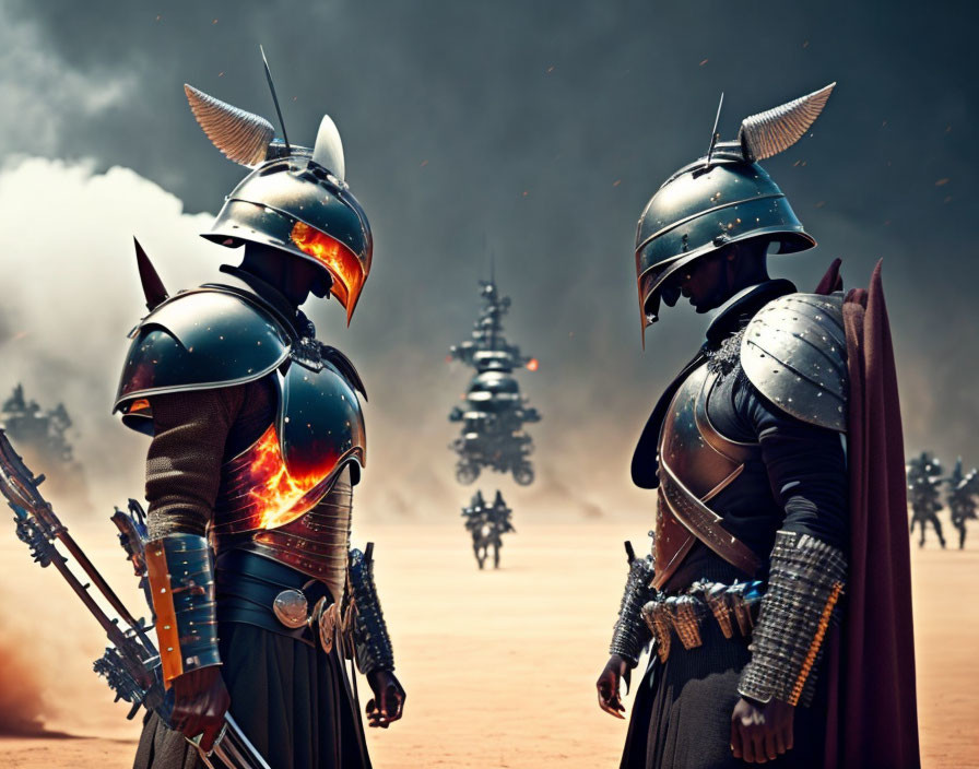 Two ornate armored knights on battlefield with glowing chest, facing distant army.