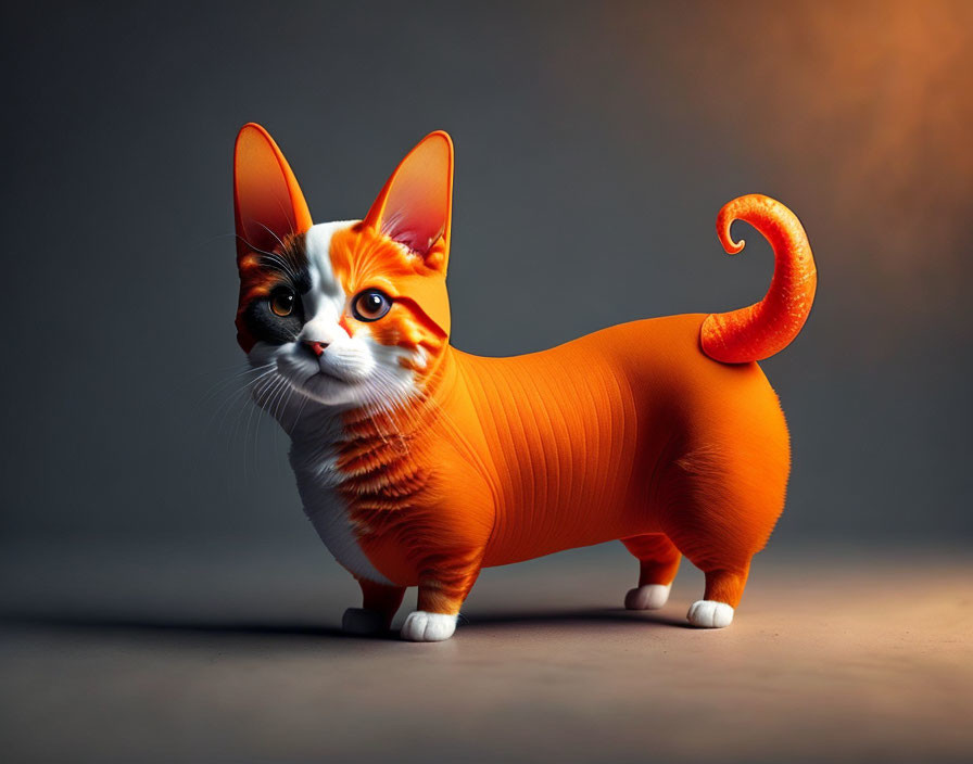 Whimsical orange and white cat with oversized ears on grey background