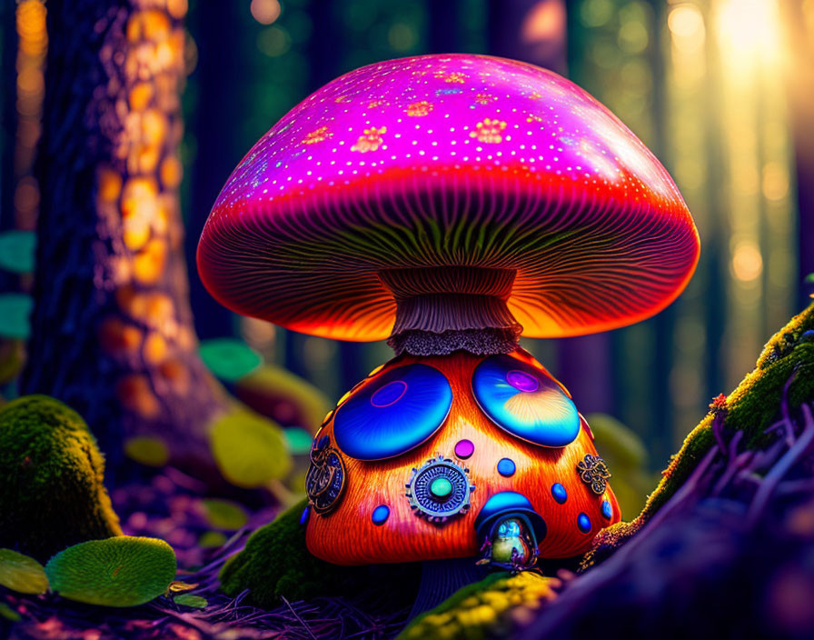 Colorful neon mushroom in enchanted forest with sunbeams