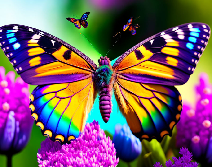 Colorful Butterfly on Purple Flowers with Smaller Butterflies