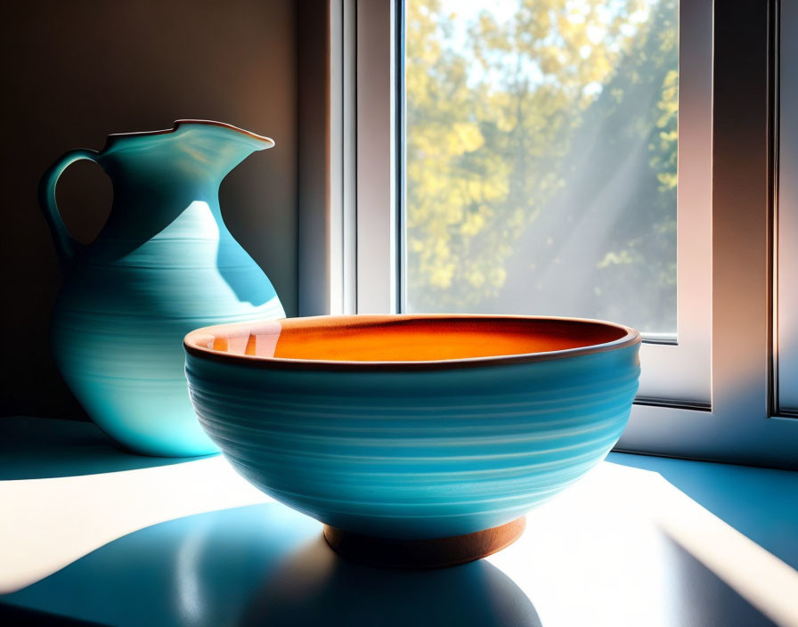 Blue ceramic bowl and pitcher on table with sunlight and tree shadows.