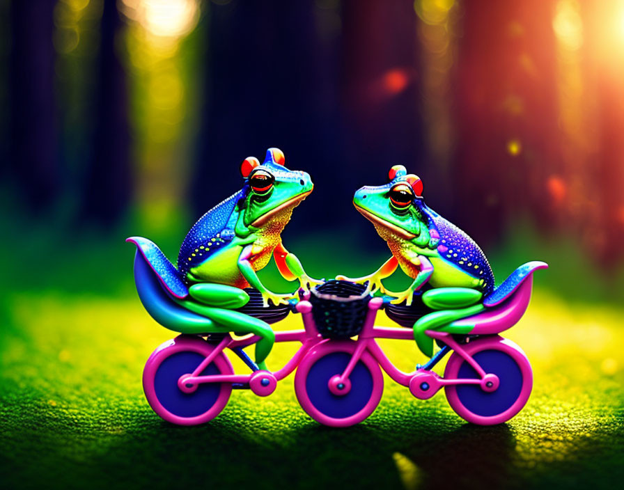 Colorful Frogs on Tandem Bicycles in Forest Setting