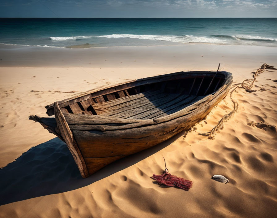 Weathered wooden boat on sandy beach with blue ocean, clear sky, and red tassel.