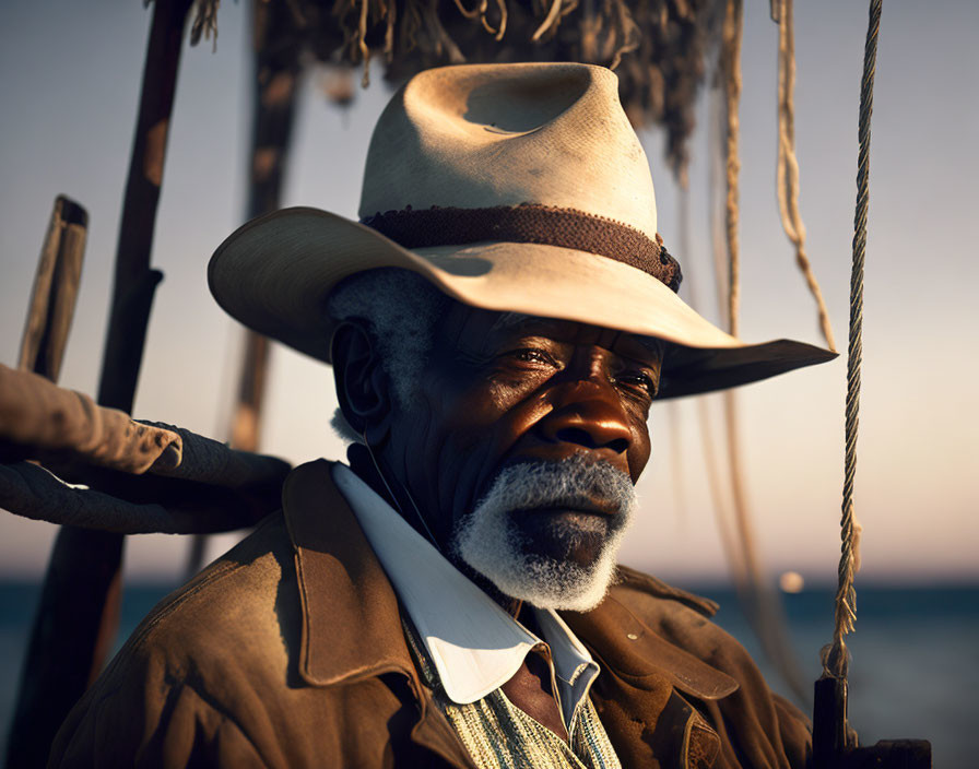 Elderly man in cowboy hat and jacket sitting outdoors with ropes and water in background