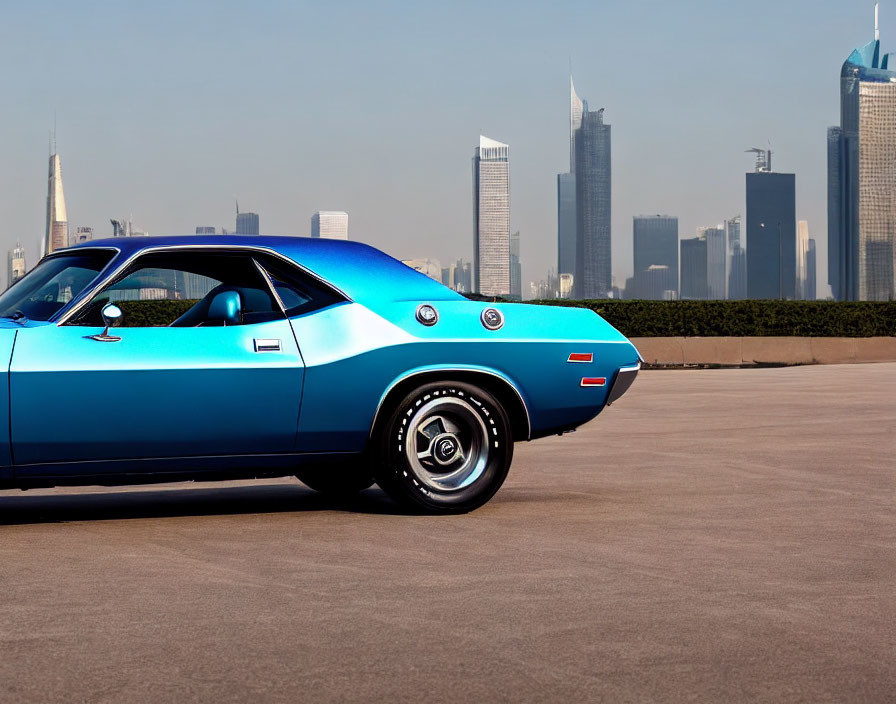 Classic Blue Muscle Car Parked Against Modern Skyscrapers