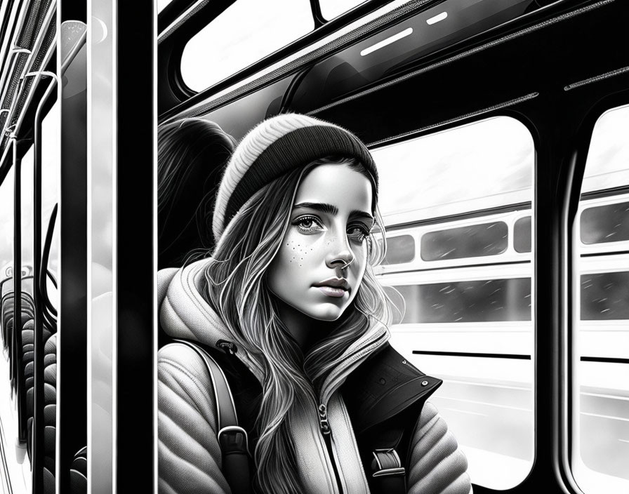 Monochrome illustration of young woman on public transport gaze out window