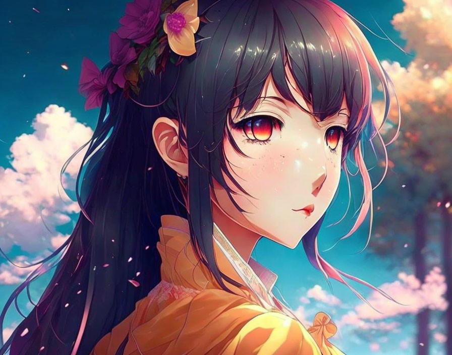 Girl with Black Hair and Amber Eyes Illustration with Flowers in Hair on Pink Clouds