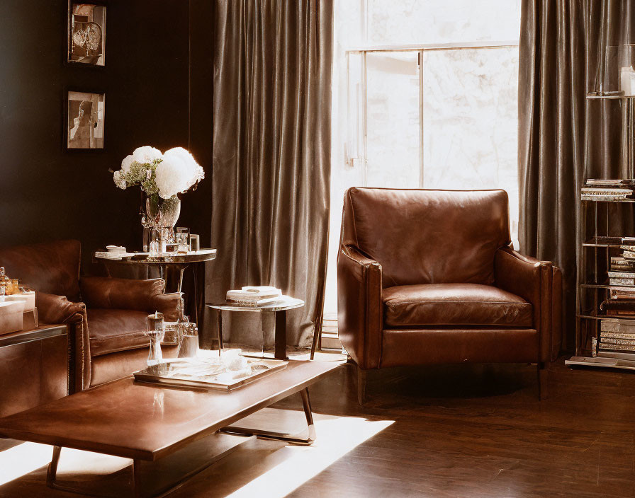 Warm Interior with Leather Armchair, Coffee Table, Bookshelves & Curtained Window