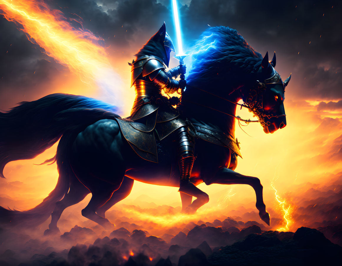 Knight in Armor with Glowing-Eyed Horse and Blue Energy Sword