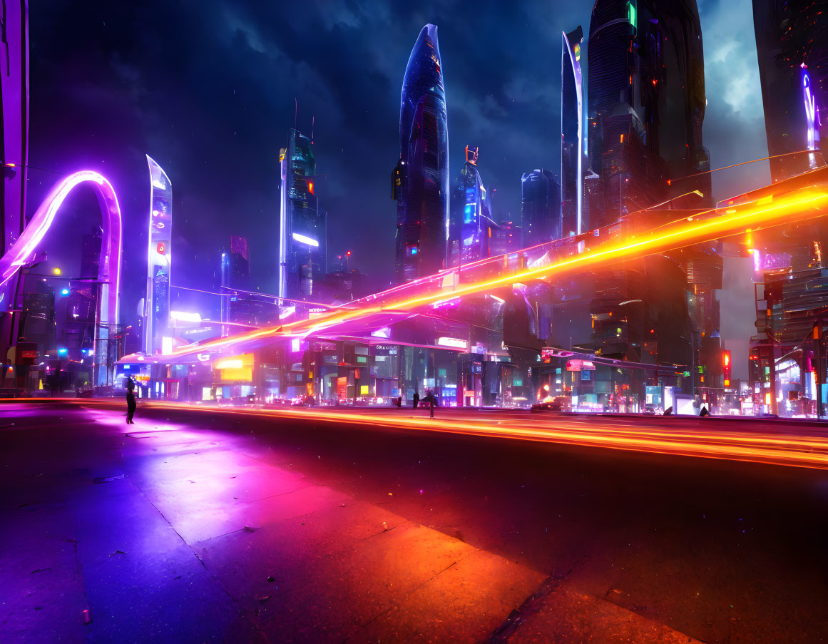 Vibrant futuristic cityscape at night with neon lights and glowing skyscrapers