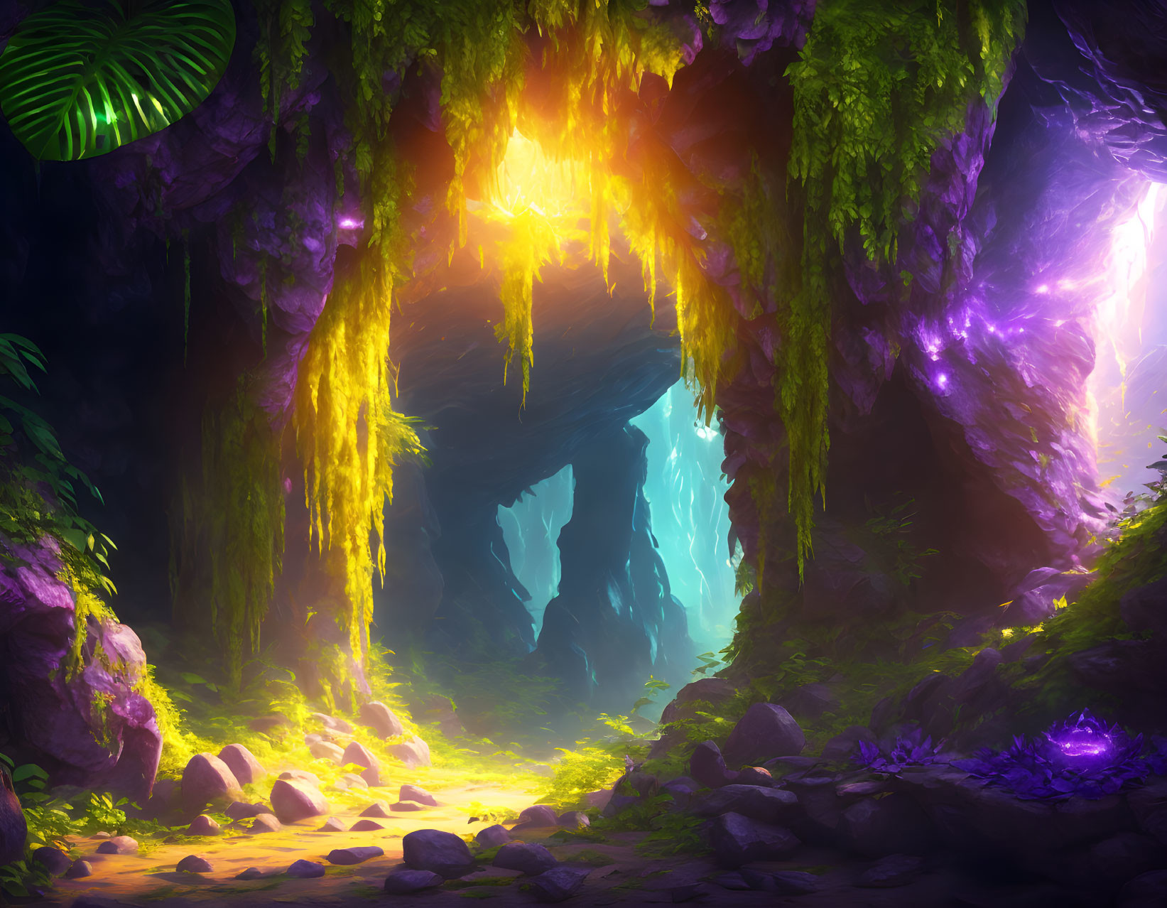Mystical Cave Entrance with Purple and Yellow Lighting amid Green Foliage