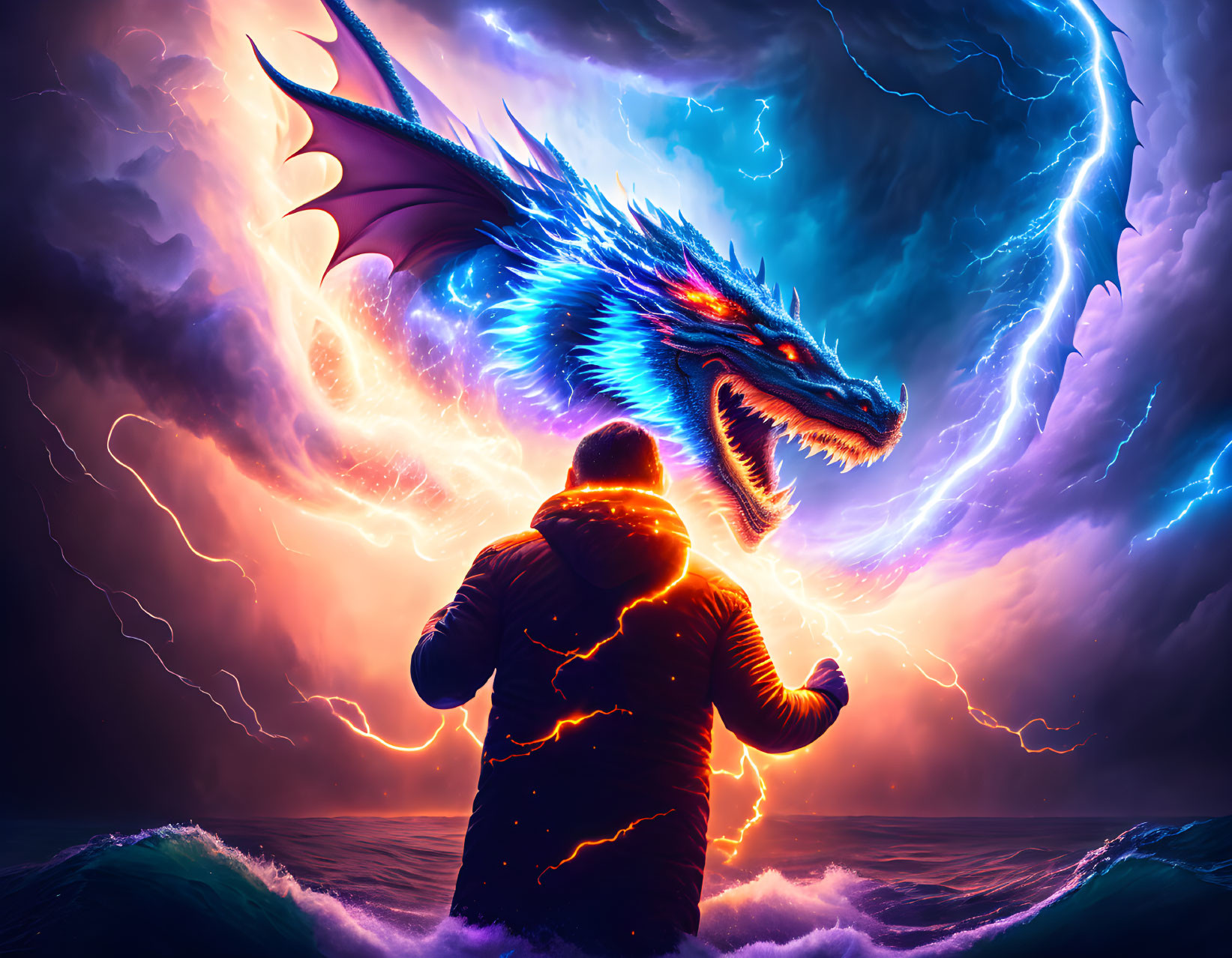 Digital dragon and person in stormy sea with lightning