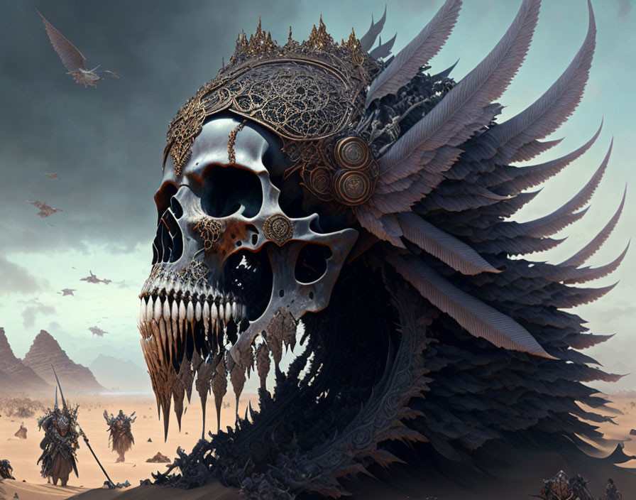 Dark fantasy scene: giant skull with metalwork and feathers, armored figures in desolate landscape