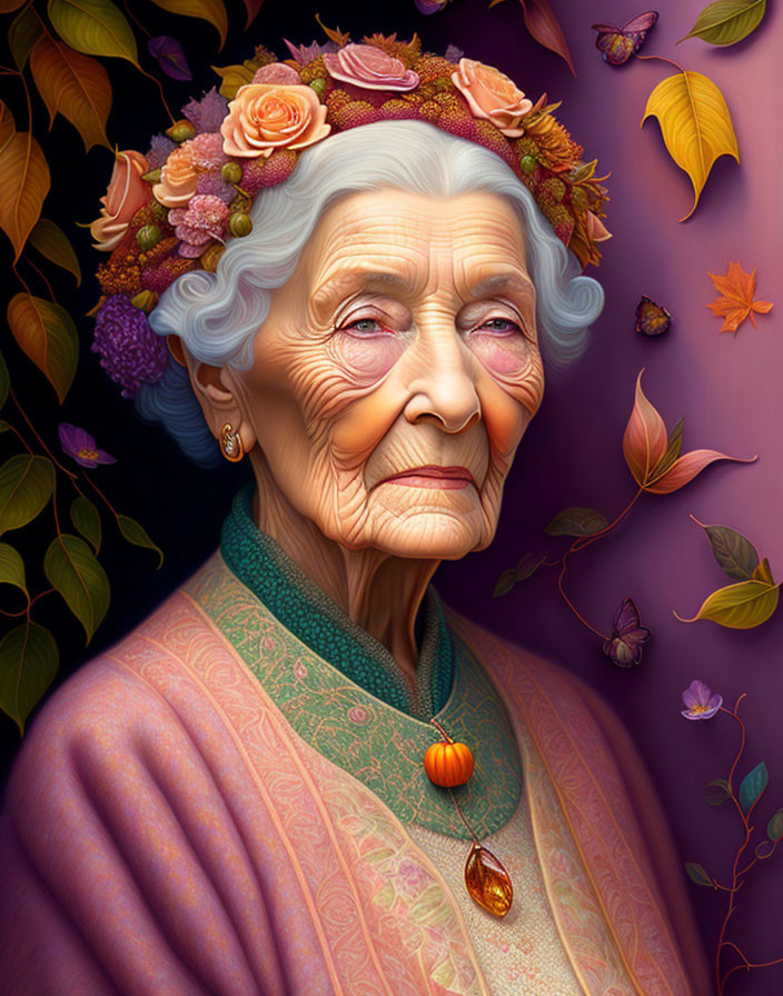 Digital portrait of serene elderly woman with autumnal leaves, flowers, and butterflies.