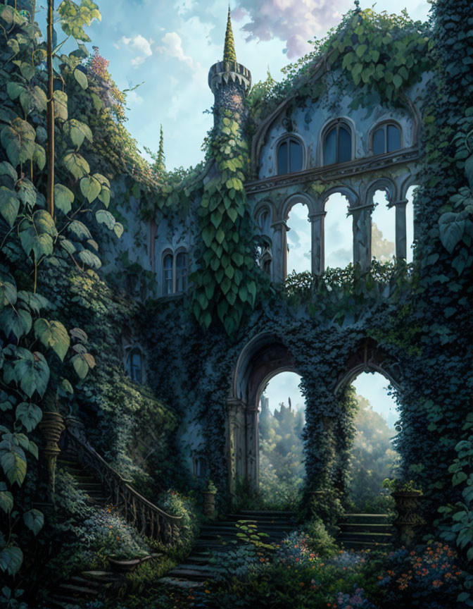 Ivy-covered Gothic castle ruin in lush greenery