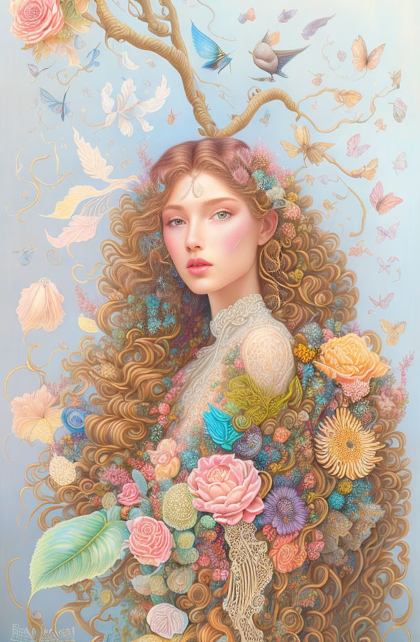 Portrait of a woman with golden hair, flowers, leaves, and birds.